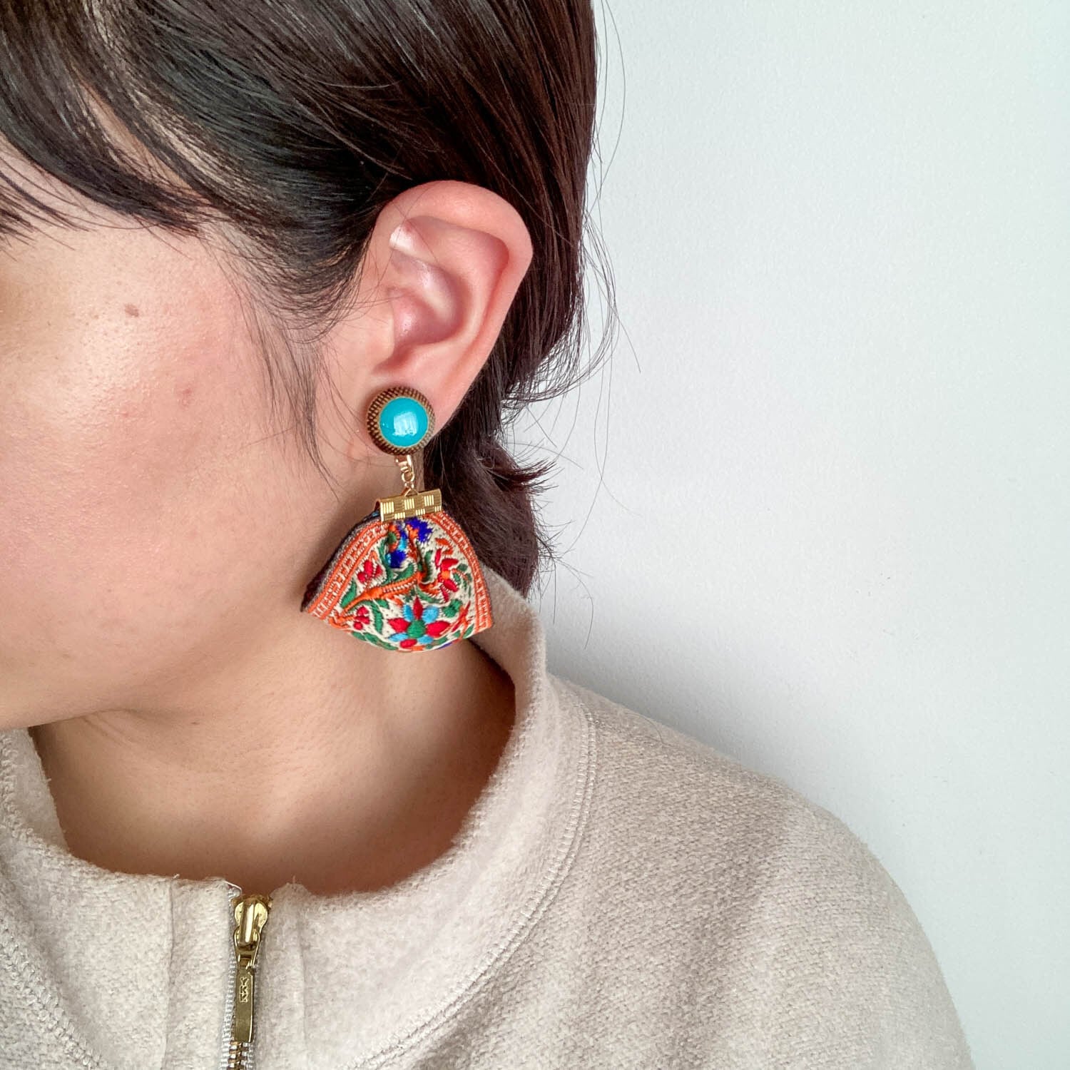 オレンジ マーブル ヴィンテージ チロリアンテープ リボン ピアス