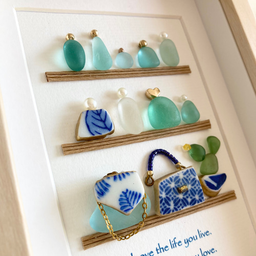 香水瓶とバッグの棚 シーグラスアート 置物 壁かけ誕生日プレゼント