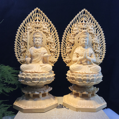 文殊菩薩 普賢菩薩一式 八角台座 仏教工芸品 木彫仏像 彫刻 芸彫閣