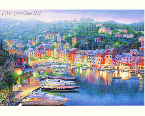 イタリアで版画化☆ポルトフィーノ☆ヨーロッパ 地中海 風景画 絵画