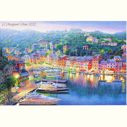 額装イタリアで版画化☆ポルトフィーノ ヨーロッパ 地中海 夕景 風景画