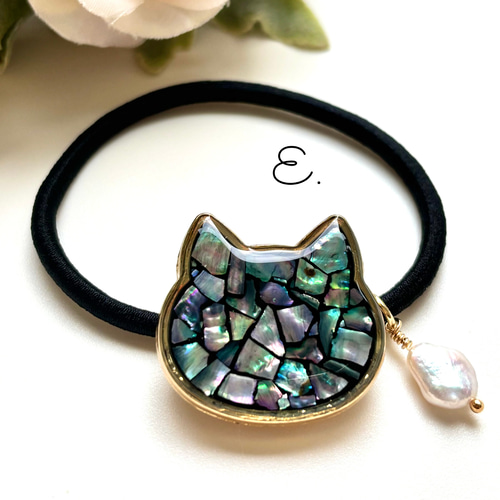 再販 レジン 淡水パール螺鈿細工風猫ちゃん ヘアゴム ヘアゴム Angel