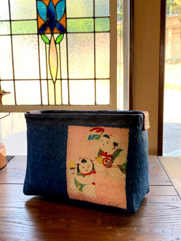 一閑張 かご バック 和モダン 和紙 柿渋 本革取手 一点物 かごバッグ