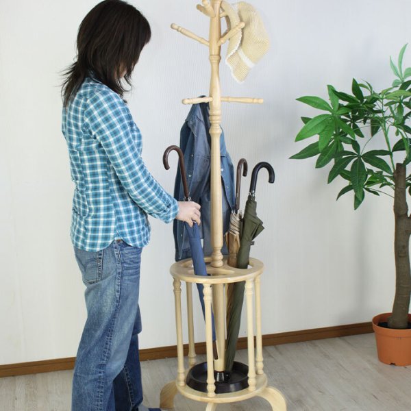 在庫処分セール】ポールハンガー 傘立て付 木製ハンガーラック ポール