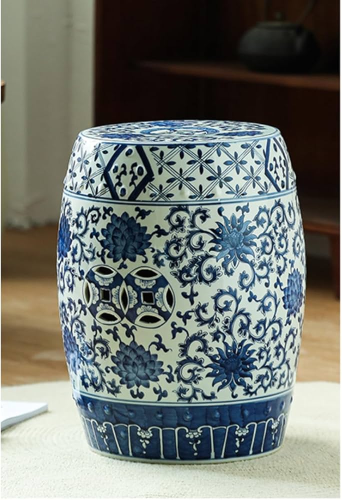 Amazon.co.jp: [GZGZ] 青白花陶器スツール 花台 椅子 置物