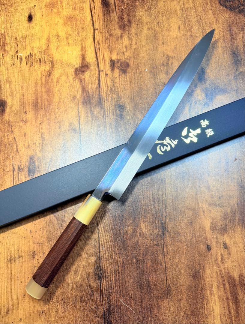森本光一作　刺身 柳刃　本焼　白鋼 包丁　尺　鏡面　紫檀両白水牛八角柄 森本光一作 蛸引 先丸 白一鋼 尺 紫檀白水牛八角柄｜Yahoo!フリマ（旧