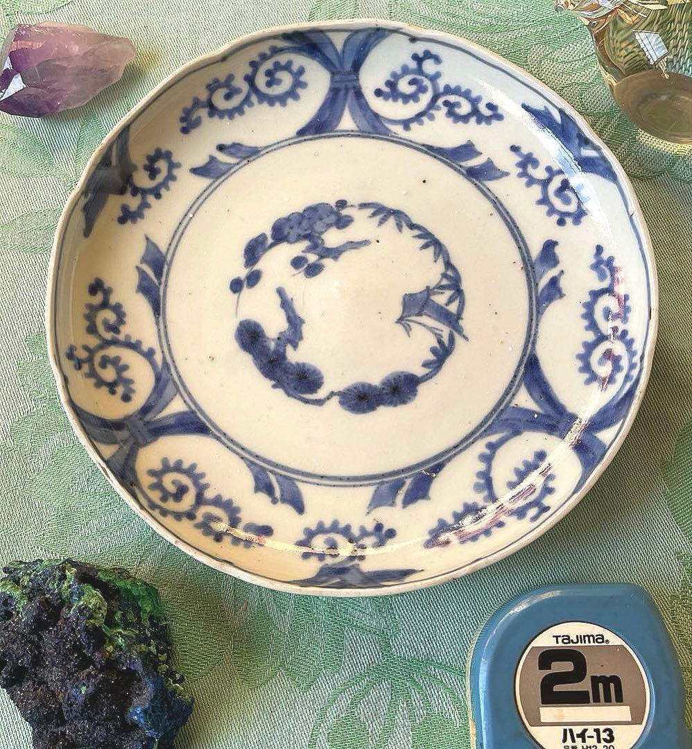 江戸中期　古伊万里　熨斗　松竹梅　吉祥紋様　染付　輪花型　中皿　6寸皿 古伊万里 染付 丸紋に松竹梅図 分銅型6寸皿 5枚セット