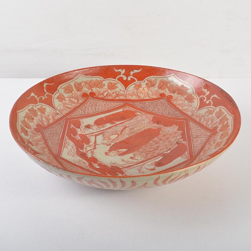 九谷焼 古九谷 赤絵 人物文 大皿 飾皿 角福銘 直径約36cm MR7218B