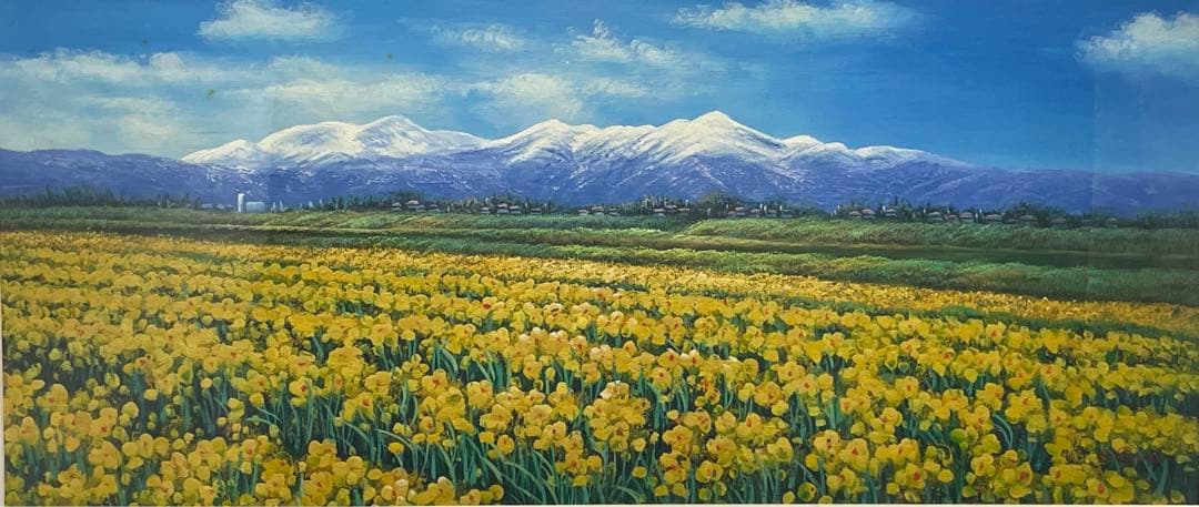 真作 油彩 流月真一 水仙と飯豊山 風景画 肉筆 油絵 額装